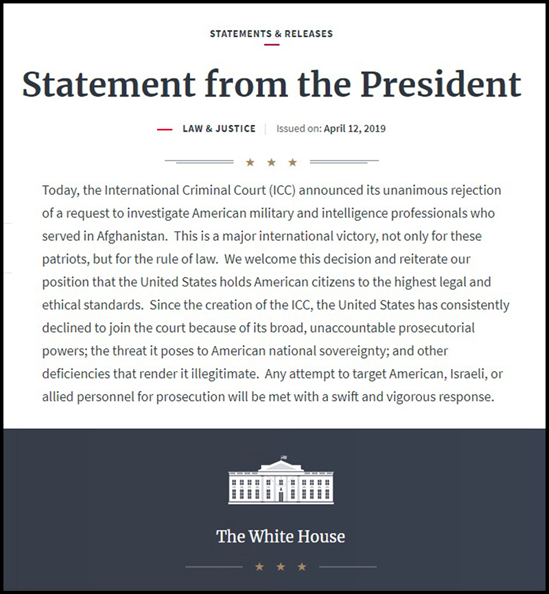 Trump Says Israelis Should Be IMMUNE from International Criminal Court Prosecution 2 white house statement