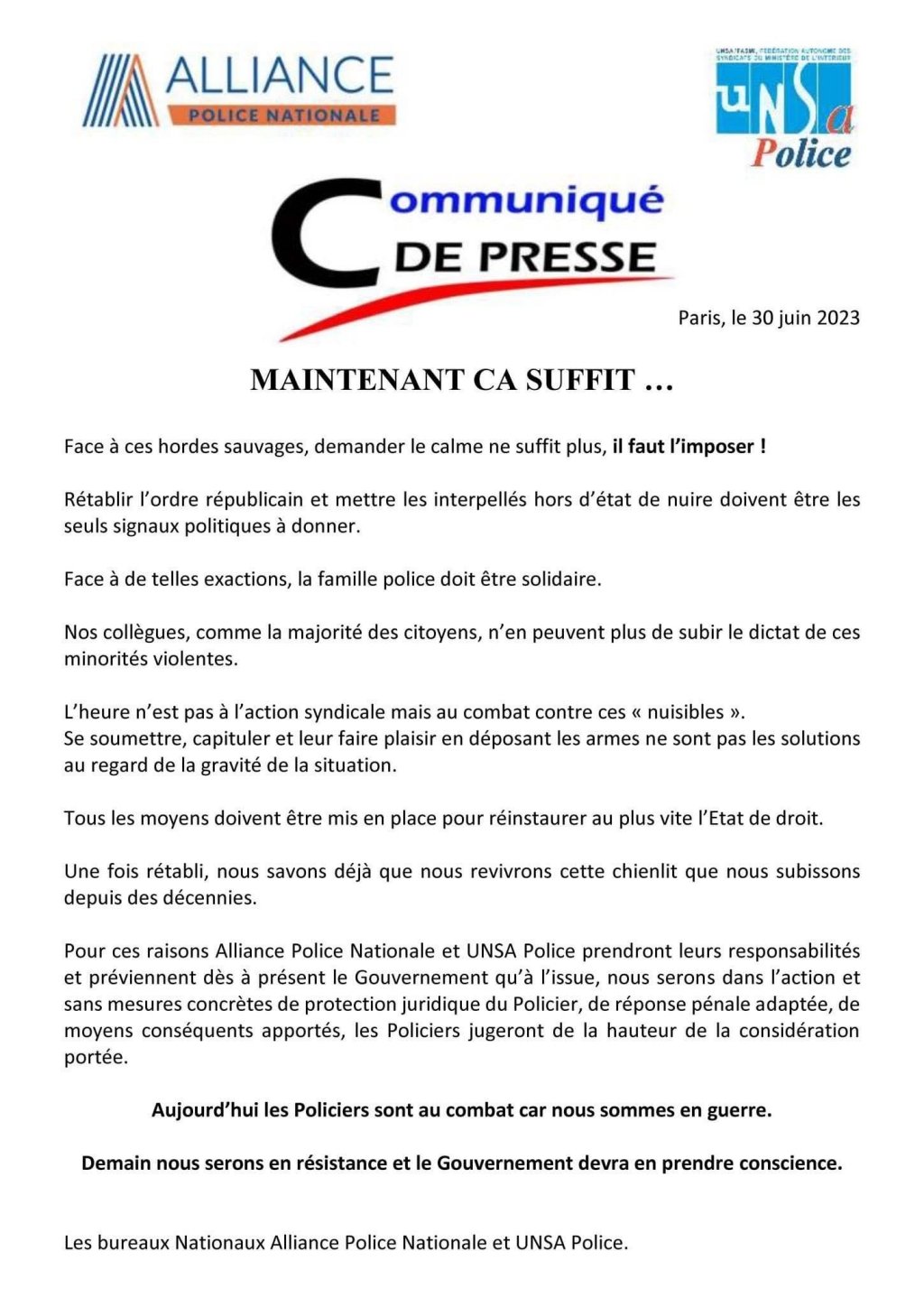 French Police Declare Civil War in France: 'Traitor Macron Chose the Wrong Side' 2 communique de presse 30 june 2023