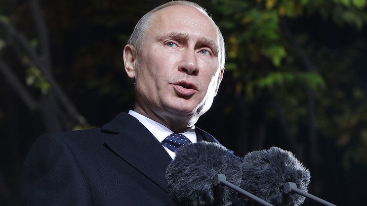 Putin: A War Is Coming That Will 'End Our Civilization' 1 Putin speaking at fluffy microphones