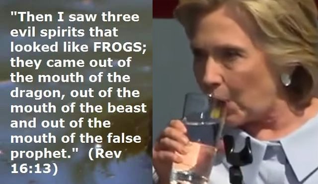 Disgusting Hillary Spits Green Mucus in Water Glass, Continues to Drink from Same Glass 2 green slime evil spirits hillary