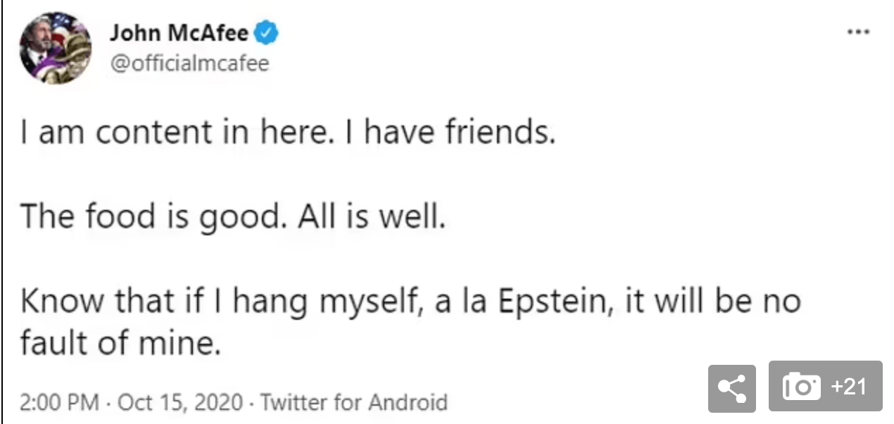 John McAfee's Lawyer: 'He Did NOT Commit Suicide' 2 ALNrTTC