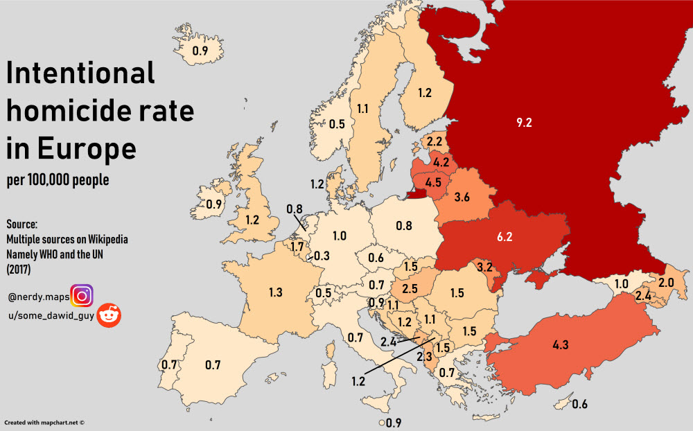 Showing the TRUE RUSSIA as it is to the Delusional Russophiles 8 Europe homicide map