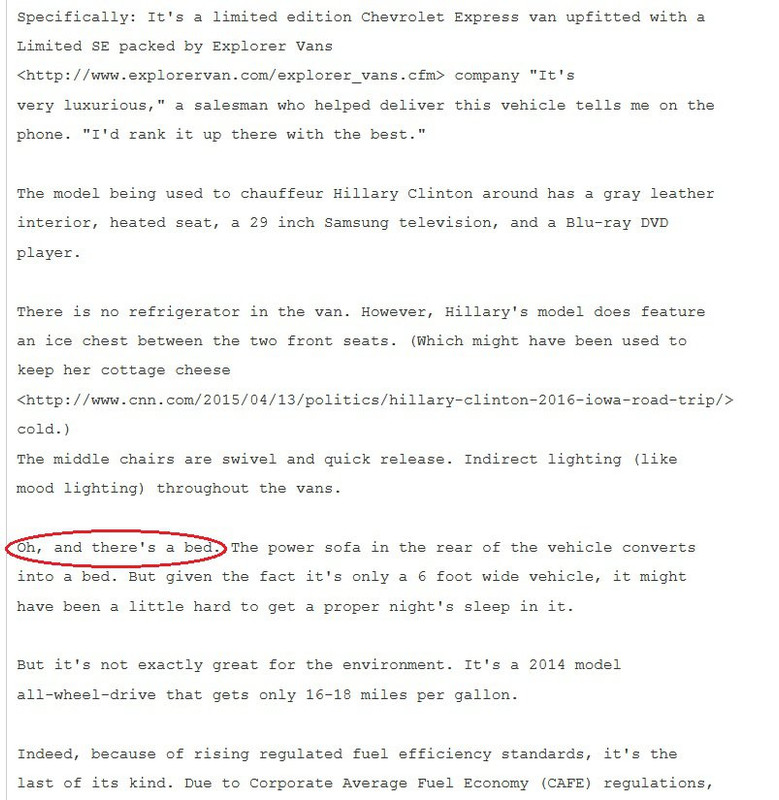 Wikileaks: Sick Hillary Clinton's Campaign Van Has a BED 2 wikileaks email bed