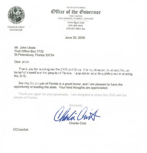 Florida Governor Charlie Crist: "Thank You John Ubele For Mailing Me Jud Suss DVD" 1 Crist Letter Final
