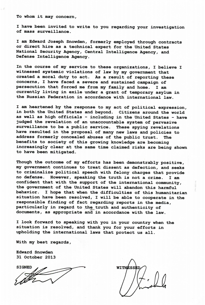 Snowden ready to go to Germany under asylum as his letter to Berlin revealed 2 letter