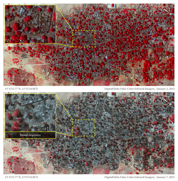 Satellite images reveal 'horrific' scale of Boko Haram attack in Nigeria 2 206256 doro gowon satellite view on 2 jan 2015 and 7 jan 2015 0
