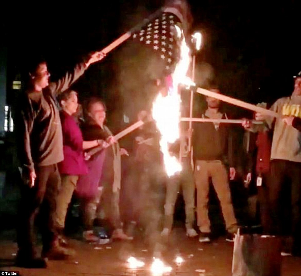 Riots Getting out of Control, They are now shouting "Kill Trump" 7 3A34D64800000578 3922098 Portland An American flag is set ablaze in the center of Portlan a 42 1478778493577