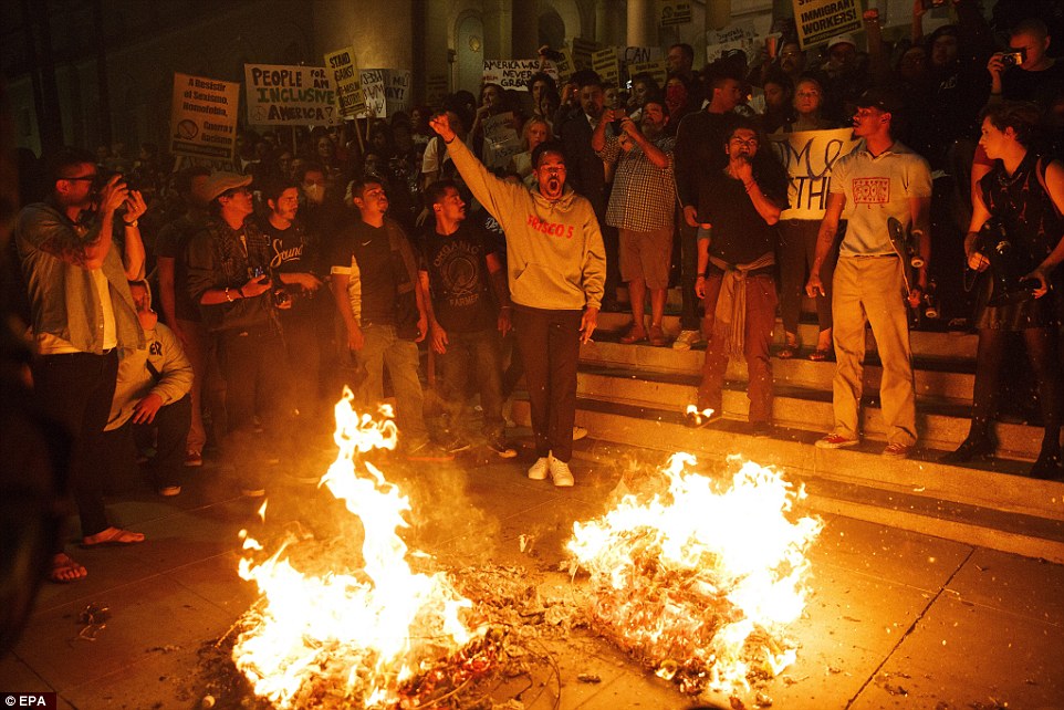 Riots Getting out of Control, They are now shouting "Kill Trump" 29 3A389D3600000578 3922098 Los Angeles Protesters lit fires on the steps of City Hall in Lo a 1 1478776851414