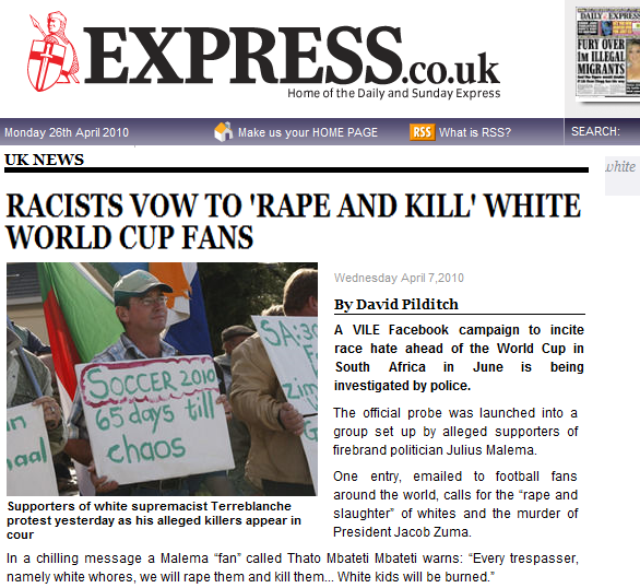 Racists vow to “Rape and Kill” White World cup fans 2 express vow to rape and kill white world cup fans