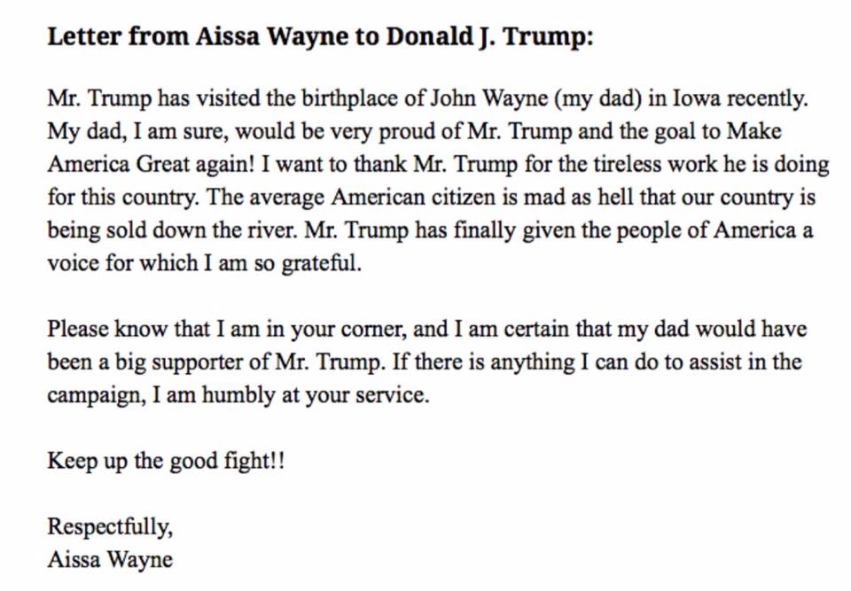 John Wayne's Daughter Endorses Trump: ‘I am humbly at your service’ 2 1929731 10156475870665725 7839740366814013185 n
