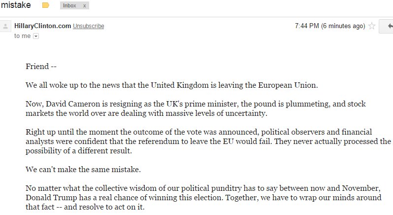 Hillary Is Panicked after Brexit: "Donald Trump Has a Real Chance of Winning" 2 ClwRw9RUsAARdO7