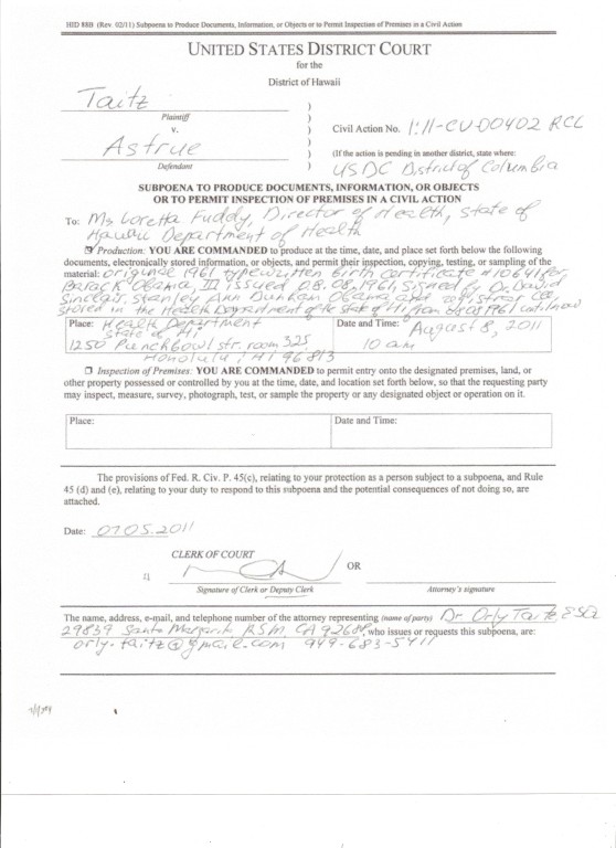 Court Subpoena for Obama's Original Birth Certificate Served to Hawaii Health Department 1 scan0007