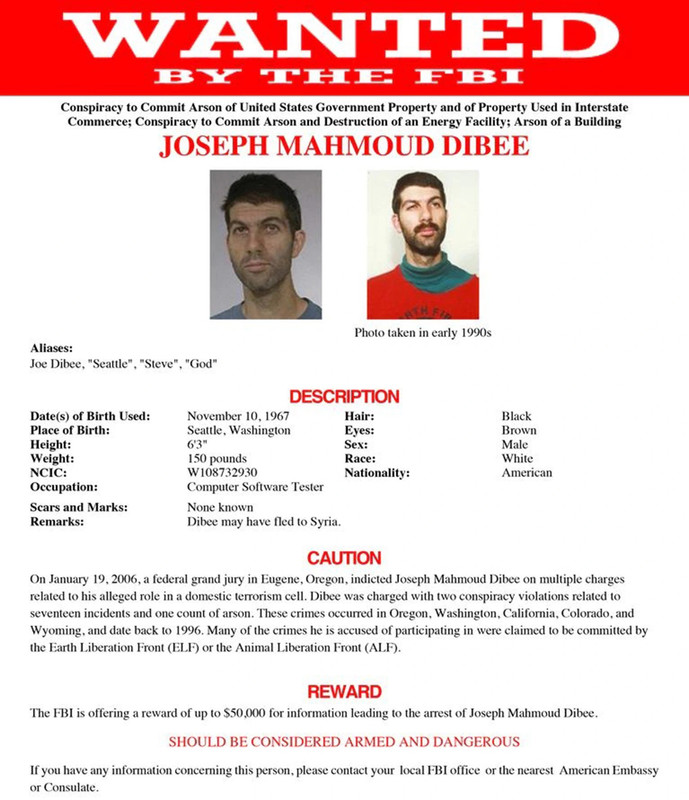 Vegan Terrorist Responsible for Blowing up Animal Processing Plants throughout the US 2 Joseph Mahmoud Dibee wanted poster