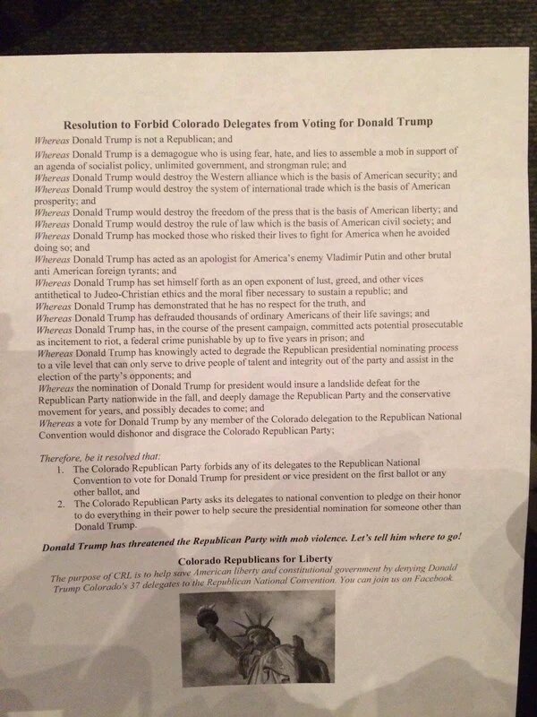 Colorado Republicans Passed Around "Resolution to Deny Trump Delegates" Back on March 22 2